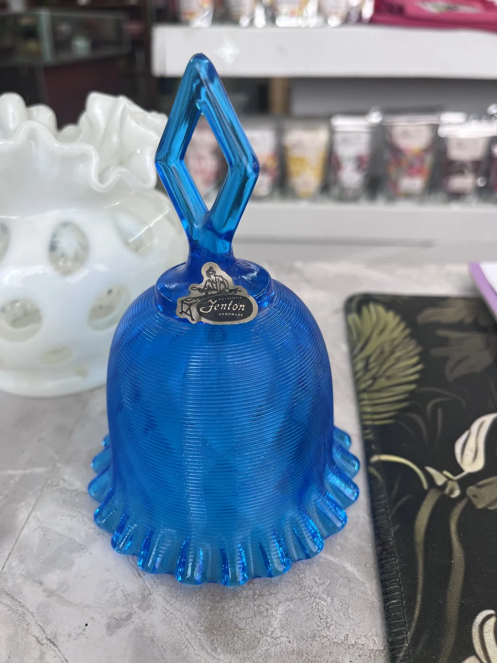 Fenton Vibrant Cobalt Blue Ribbed Glass Bell with Diamond Handle